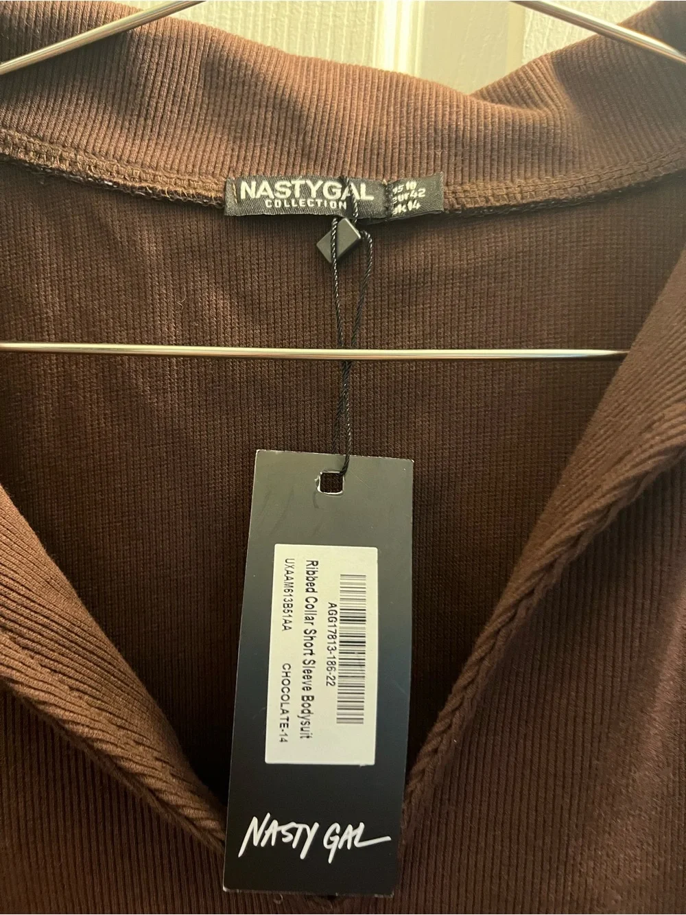 Nasty Gal Chocolate Brown Ribbed Collared Bodysuit - Picture 2 of 3
